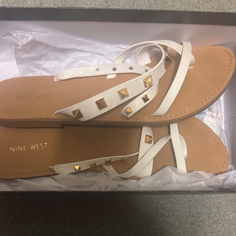 Nine West White Leather Studded Strappy Sandals